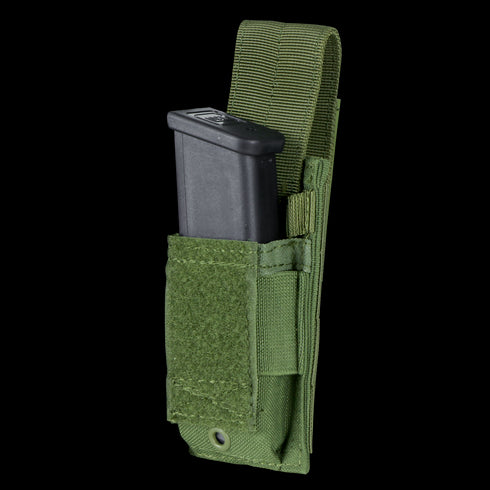 The Condor Single Pistol Mag Pouch in MultiCam Black securely holds a magazine, partially inserted and fastened by a Velcro flap, ideal for tactical use.
